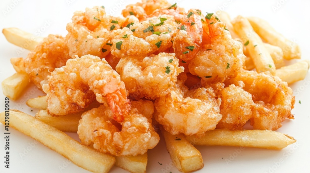 Crispy, golden-brown deep-fried shrimp and chicken nuggets make a delicious, hearty meal Crispy, golden-brown deep-fried shrimp and chicken nuggets make a delicious, hearty meal