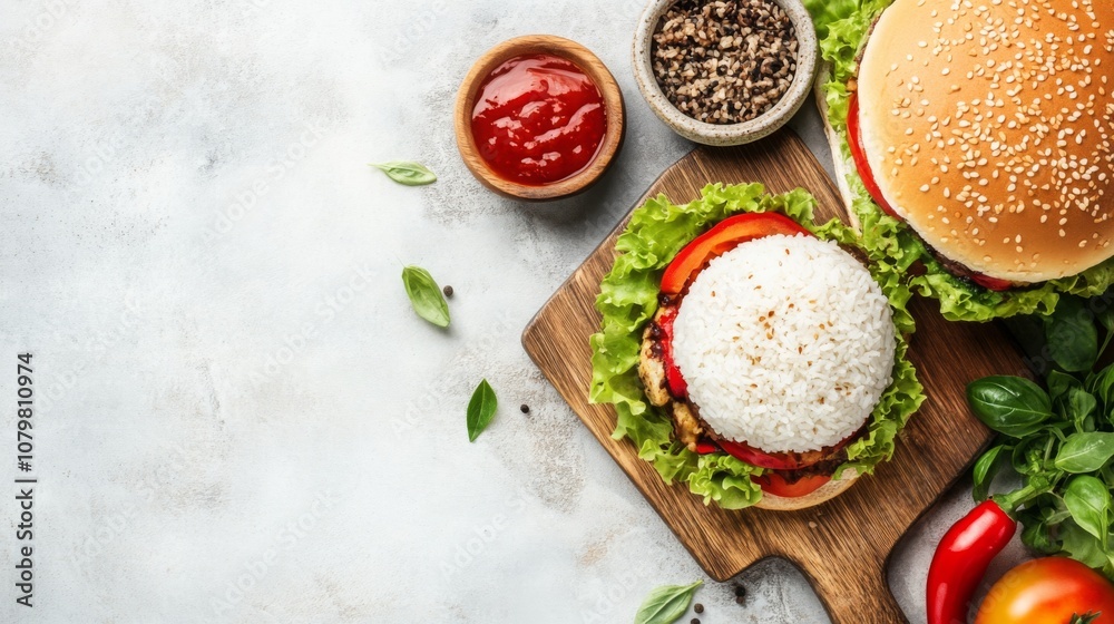 A gourmet sandwich with fresh vegetables, cheese, and bread, a healthy and delicious meal option A gourmet sandwich with fresh vegetables, cheese, and bread, a healthy and delicious meal option