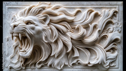 Intricate Marble Sculpture of a Lion's Head with Flowing Mane