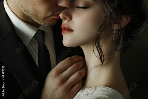 A man in a suit gently touches a woman's neck and kiss her. Love and relationships