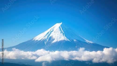 Majestic snow-capped mountain peak rising above the clouds