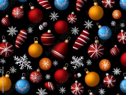 A bunch of red white and blue christmas ornaments on a black background photo