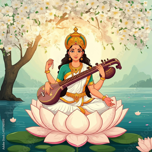 Goddess Saraswati is depict...