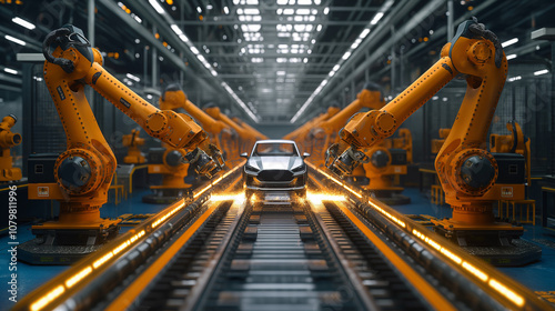 Futuristic Automobile Factory Assembly Line with Advanced Robotics