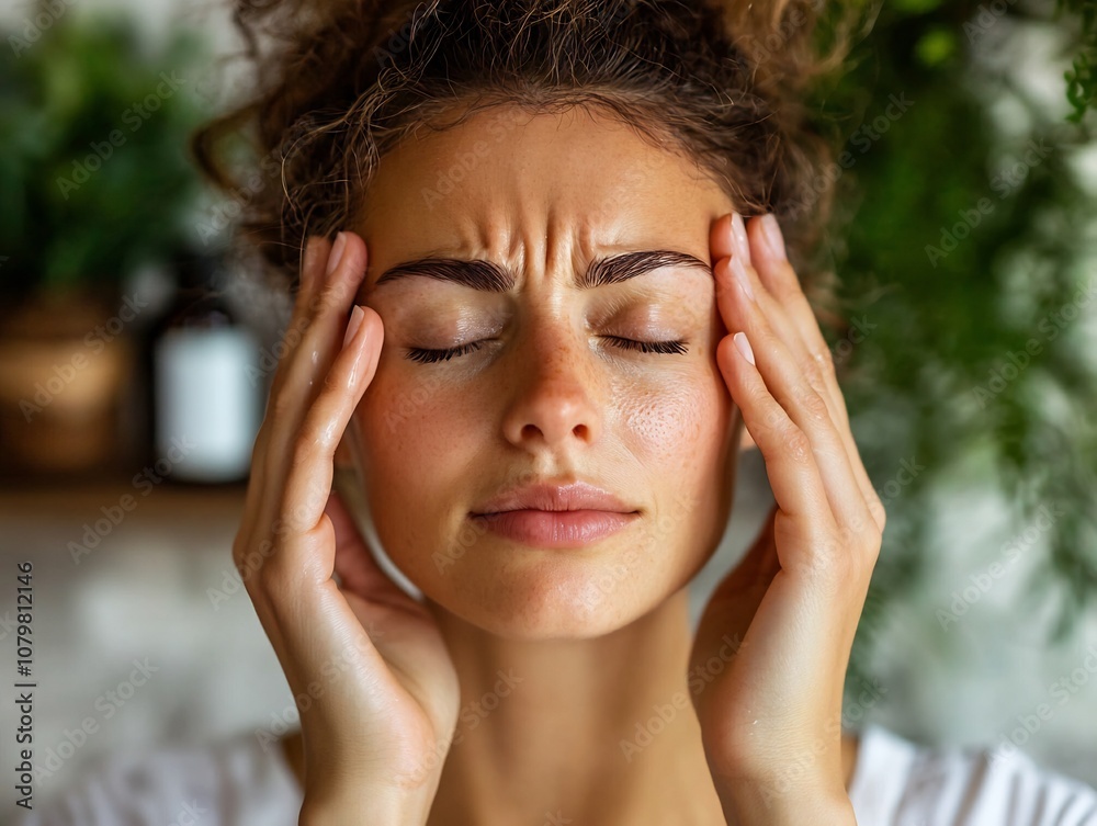 Woman Applying Essential Oils to Temples for Holistic Approach to Easing Sickness and Stress Relief Woman Applying Essential Oils to Temples for Holistic Approach to Easing Sickness and Stress Relief