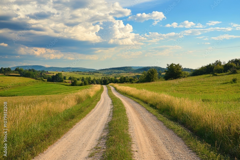 A gravel road leads through a rolling, green landscape under a bright blue sky. A gravel road leads through a rolling, green landscape under a bright blue sky.