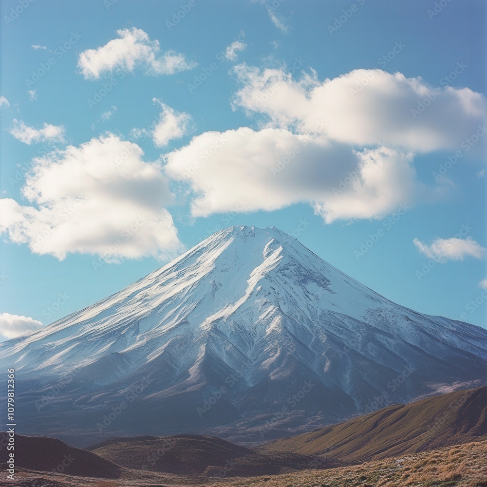 Majestic snow-capped mountain peak against a blue sky with fluffy white clouds Majestic snow-capped mountain peak against a blue sky with fluffy white clouds