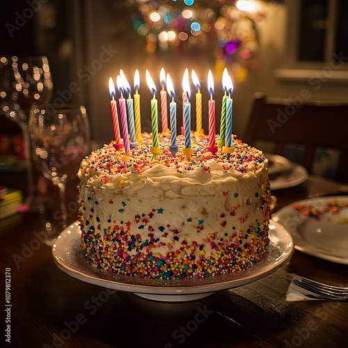 Colorful birthday cake with lit candles surrounded by festive decor and tablesettings, creating a joyful celebration atmosphere. Perfect for party themes. photo