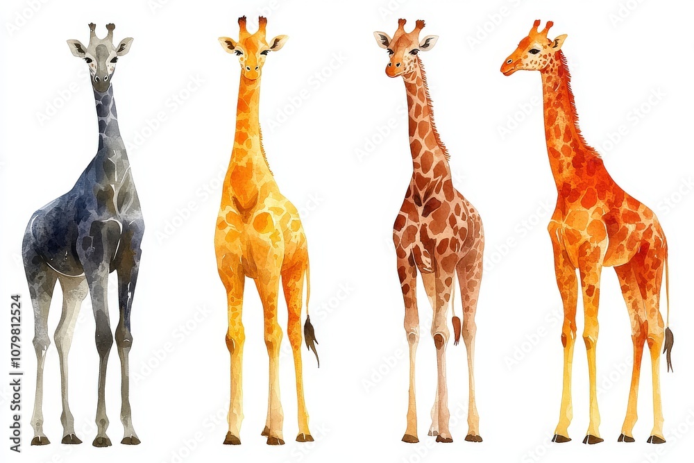 Naklejka premium Four colorful giraffes depicted in a watercolor style, showcasing different patterns.