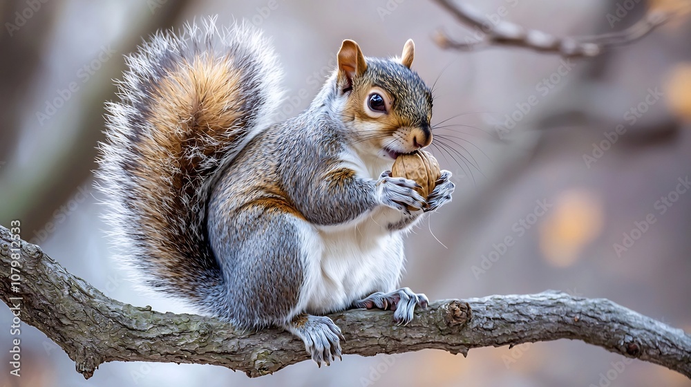 Fototapeta premium Squirrel Nibbling on a Walnut While Perched on a Tree Branch Fluffy Tail Curled