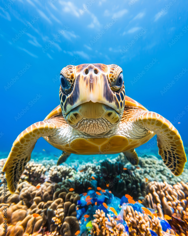 Fototapeta premium turtle swimming gracefully in vibrant coral reef, surrounded by colorful fish
