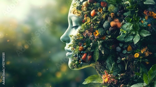 A woman's face is covered with lush greenery, flowers, and fruits, symbolizing the beauty and connection between nature and humanity.