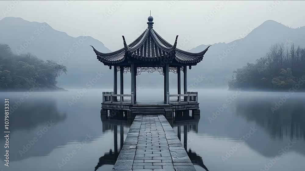 Traditional Chinese pavilion on serene lake with misty mountains Traditional Chinese pavilion on serene lake with misty mountains