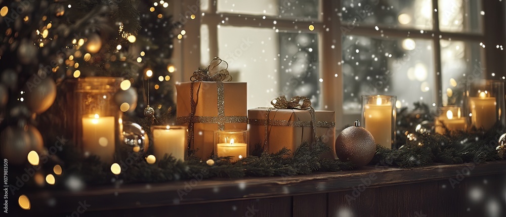 Cozy Christmas scene with festive decorations, glowing candles, wrapped gifts, and soft snowfall by a warm window, evoking holiday spirit and nostalgia. Cozy Christmas scene with festive decorations, glowing candles, wrapped gifts, and soft snowfall by a warm window, evoking holiday spirit and nostalgia.