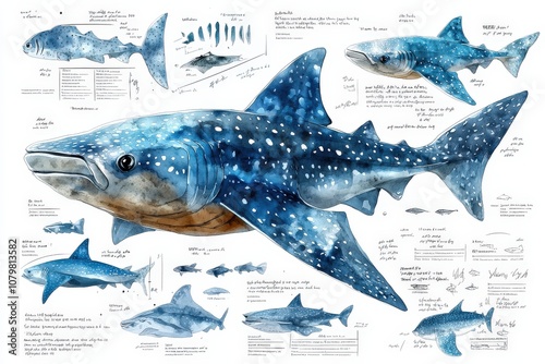 Illustrated guide of a shark species with detailed descriptions and sketches.