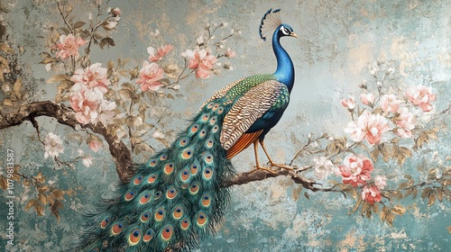Peacock with Spread Tail Feathers Perched on a Branch with Pink Flowers