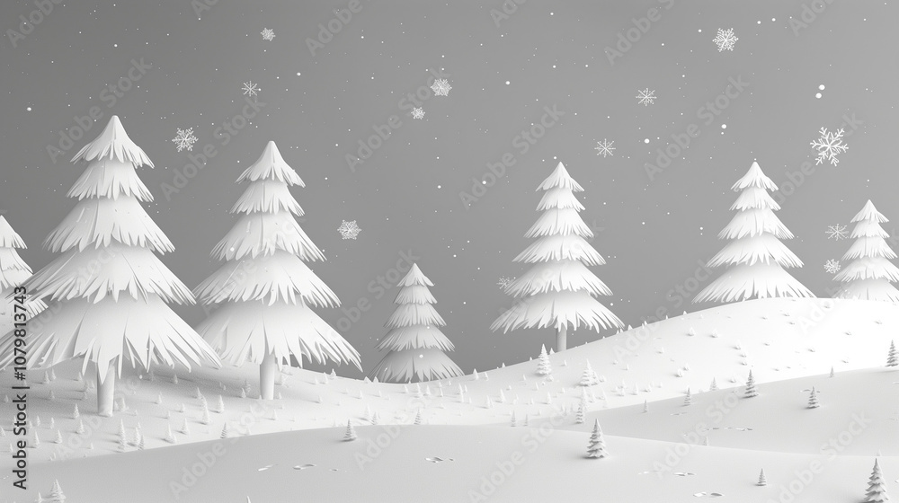 Obraz premium 冬、雪景色、紙のアート、白黒、モノクロ、ペーパークラフト、ミニマル、シンプル、松の木、雪の結晶、立体感、幻想的、静寂、冬の森、雪原、寒い季節、デコレーション、ナチュラル、風景