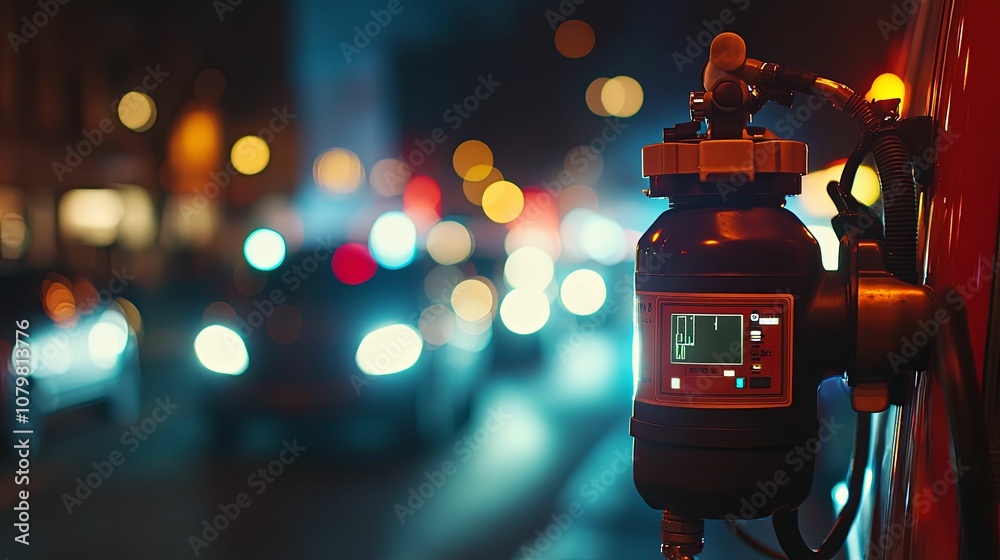 Fuel Pump with Display and Hose Against a Background of Bokeh City Lights Fuel Pump with Display and Hose Against a Background of Bokeh City Lights