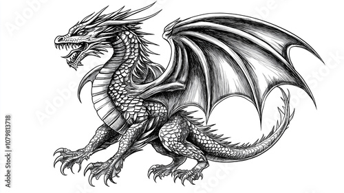 A black and white sketch of a dragon, drawn with detailed lines on a plain white canvas