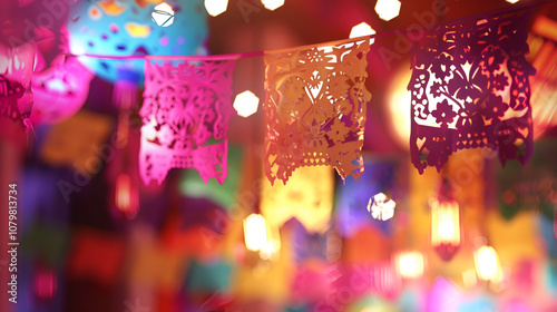 Brightly colored Mexican fiesta with Feliz Año Nuevo in 3D papel picado design vibrant traditional decorations lively