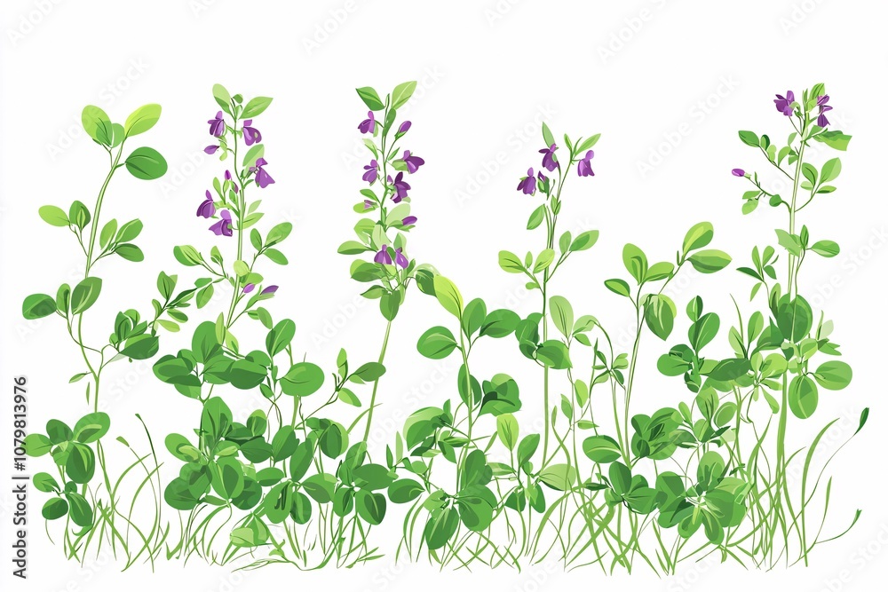 Isolated on a white background, this detailed illustration showcases alfalfa plants featuring vibrant green leaves and purple blooms. Isolated on a white background, this detailed illustration showcases alfalfa plants featuring vibrant green leaves and purple blooms.