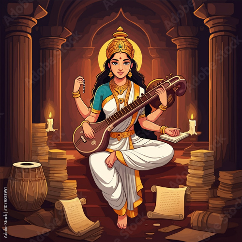 Goddess Saraswati playing h...