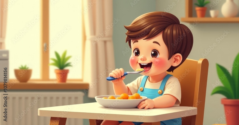 Happy Child Eating Meal in Highchair Happy Child Eating Meal in Highchair