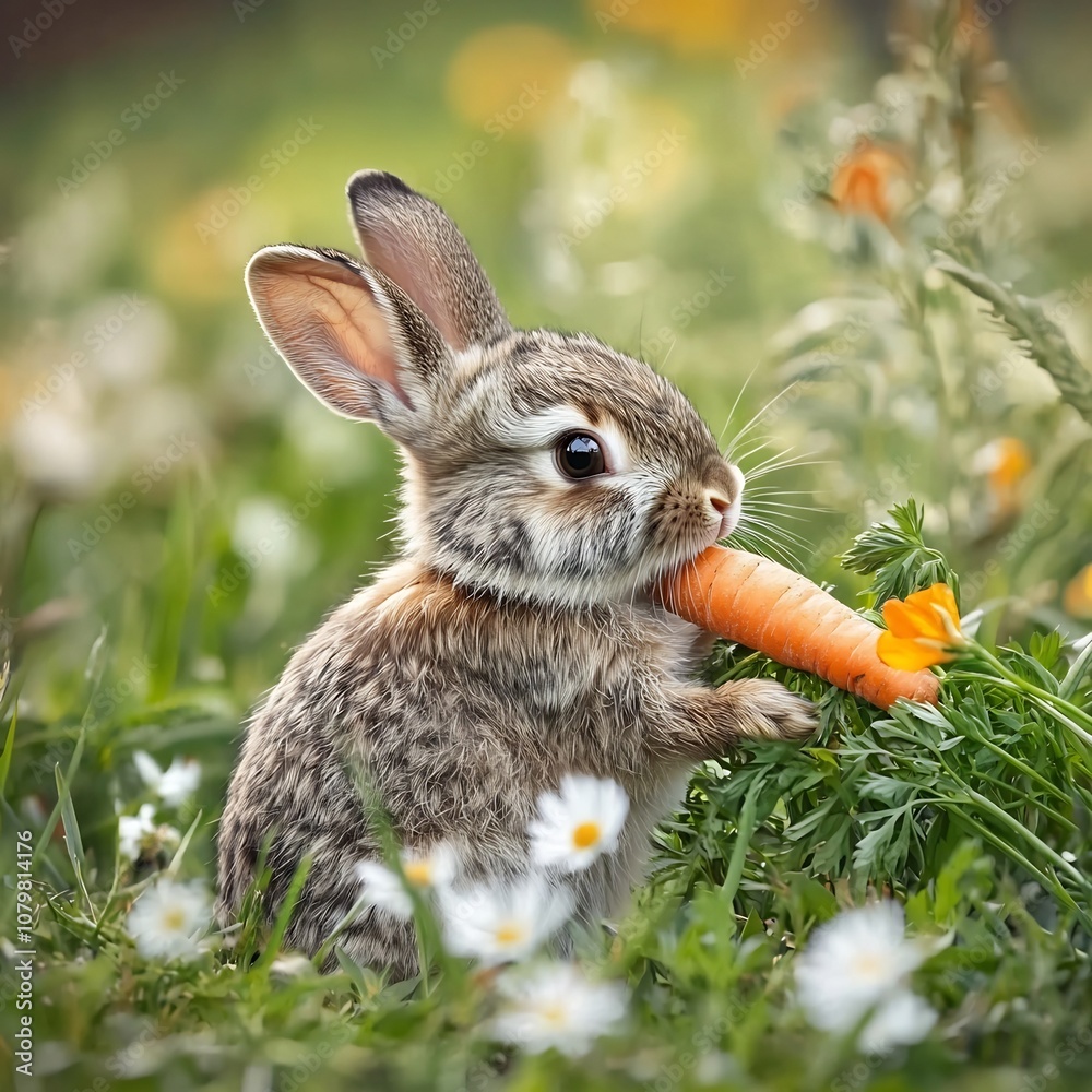 Obraz premium Inquisitive Rabbit Nibbling Carrot in Blooming Meadow