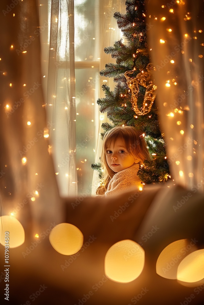 Cozy holiday scene featuring a thoughtful child gazing at a beautifully decorated Christmas tree, illuminated by warm glowing lights and soft decor.