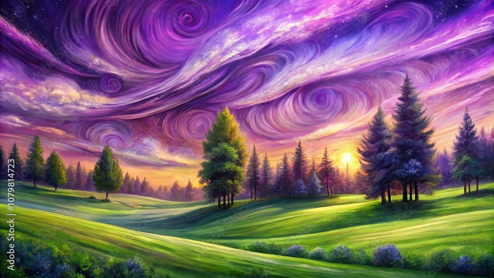 A Verdant Valley Bathed in the Glow of a Sunset with a Whirlwind of Purple Clouds A Verdant Valley Bathed in the Glow of a Sunset with a Whirlwind of Purple Clouds
