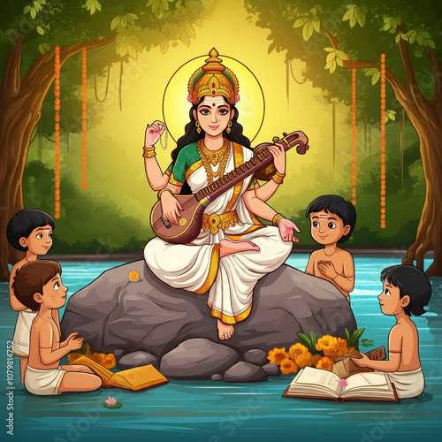 Goddess Saraswati with chil...