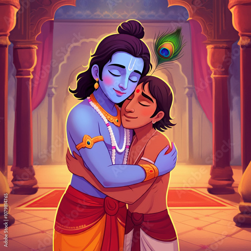 Lord Krishna embracing a yo...