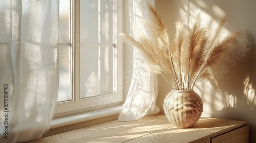 Sunlit windowsill with a vase of dried pampas grass.