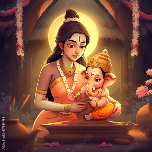 Goddess Parvati with young ...