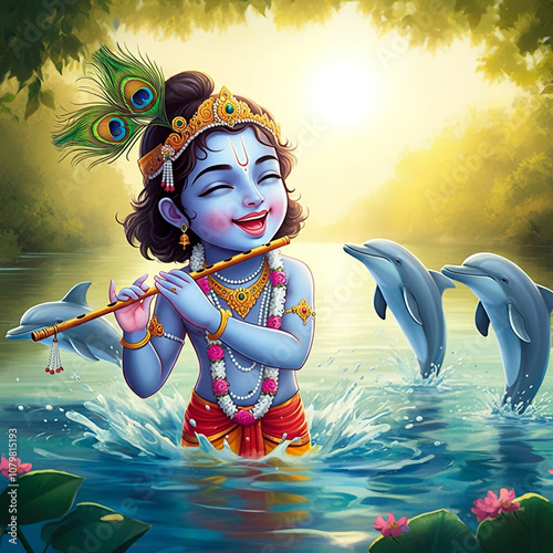 Young Krishna joyfully play...