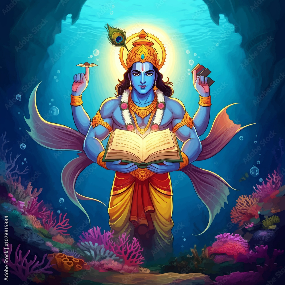 Lord Vishnu in his Matsya avatar, the fish incarnation, emerging from the ocean holding sacred texts, symbolizing protection and preservation of knowledge Lord Vishnu in his Matsya avatar, the fish incarnation, emerging from the ocean holding sacred texts, symbolizing protection and preservation of knowledge