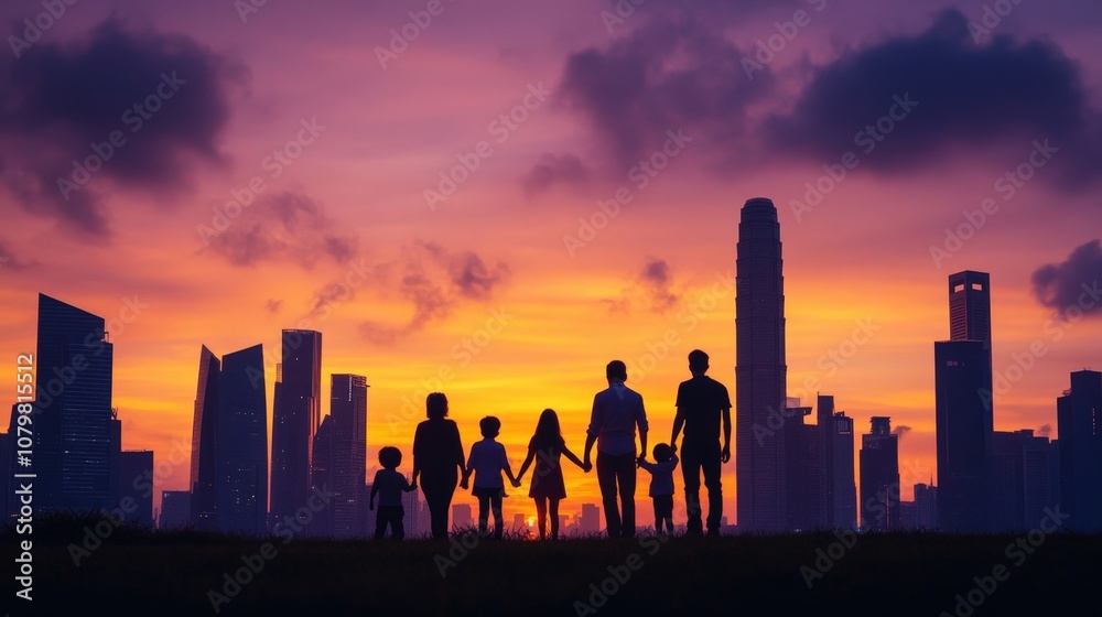 silhouette of a family walking together in front of a city skyline at sunset silhouette of a family walking together in front of a city skyline at sunset