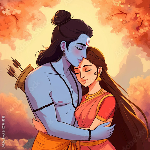 Lord Rama embracing Sita, s...
