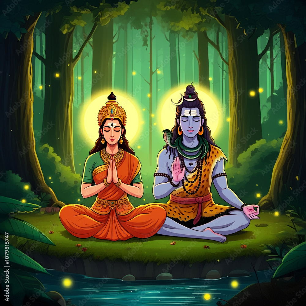 Lord Shiva and Goddess Parvati meditating together with a glowing halo in a forest, representing their spiritual connection and cosmic balance Lord Shiva and Goddess Parvati meditating together with a glowing halo in a forest, representing their spiritual connection and cosmic balance
