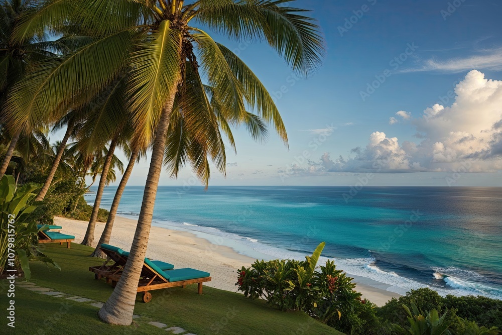 Fototapeta premium Vibrant Tropical Hideaway with Coconut Palms on Breathtaking Coastline