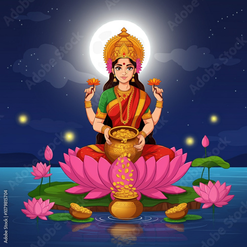 Goddess Lakshmi seated on a...