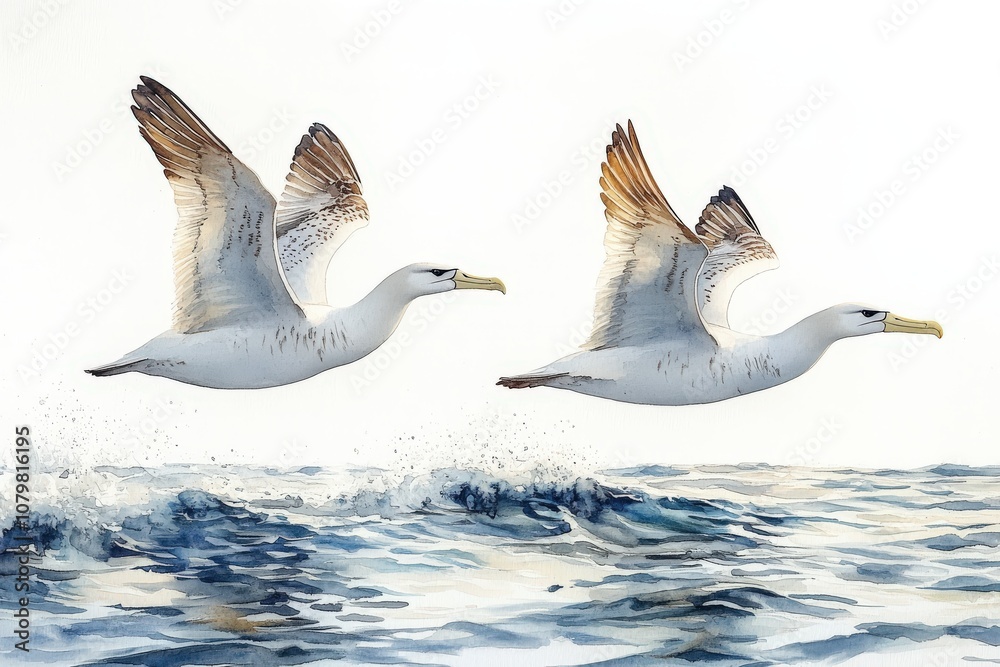 Two Northern Royal Albatrosses Flying Above Ocean Waves