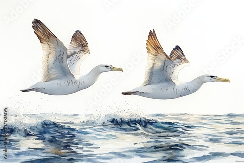 Two Northern Royal Albatrosses Flying Above Ocean Waves photo