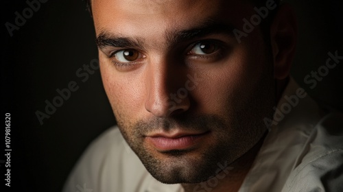 Intense gaze of a thoughtful man in a dark setting