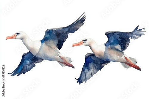 Watercolor Illustration of Two Albatrosses in Flight photo