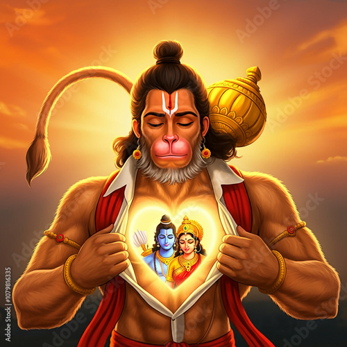 Lord Hanuman revealing his heart, showing an image of Lord Rama and Sita, symbolizing his unwavering devotion and loyalty photo