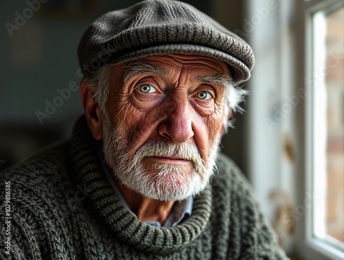 Portrait of a wise old man with captivating green eyes.