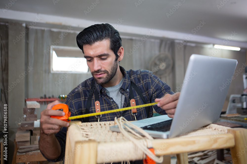 young carpenter caucasian man using measuring tape looking wood size with laptop at workspace. craftsman profession in wood factory.