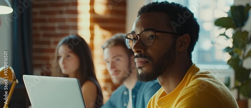 Diverse group of young professionals engaged in collaborative brainstorming session, focused on digital devices in modern office workspace with natural light.