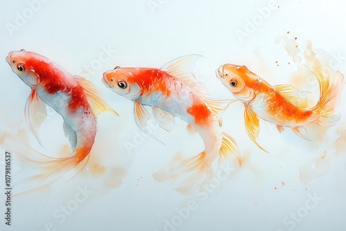 Wallpaper Mural Three artistic goldfish swimming gracefully in watercolors. Torontodigital.ca